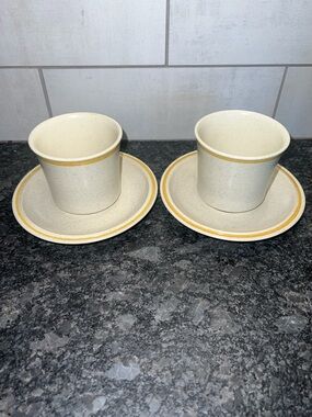 RETIRED Garden Festival Speckled Cream Ceramic Cups with Yellow Rim - Set of 2